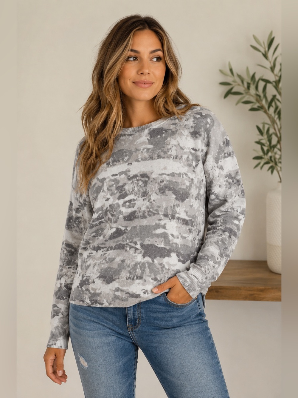 Rock & Republic Neutral Camo Knit Crewneck Sweater Gray Ivory Size Medium